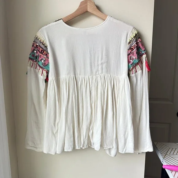 RAGA Anthropologie Embroidered Beaded Open Front Small Boho Tassel Top Blouse - Picture 8 of 8